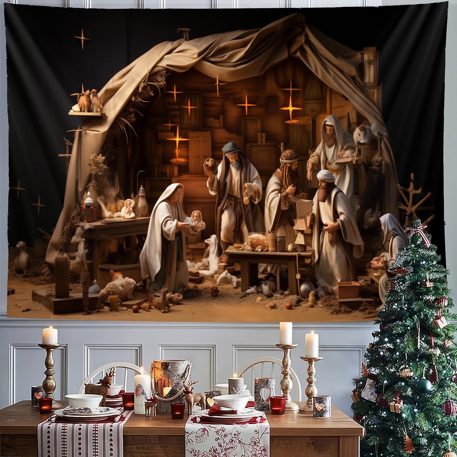 juledekorasjoner nativity dåp hengende billedvev veggkunst jul stor billedvev veggmaleri dekor fotografi bakteppe teppe gardin hjem soverom stue dekorasjon 2025 - $14.99 -P5