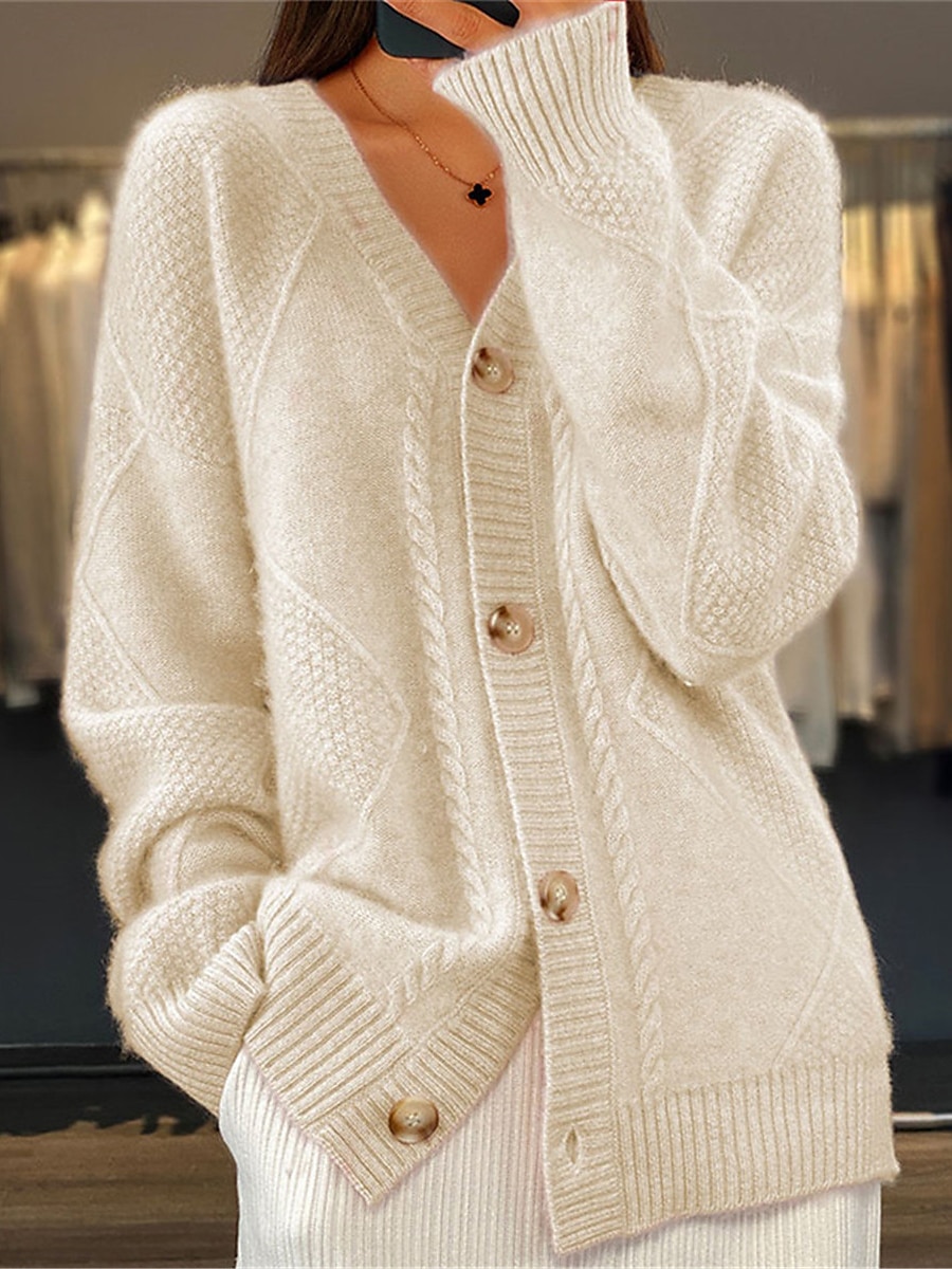 Women's Cardigan Sweater V Neck Ribbed Knit Acrylic Button Fall Winter Regular Daily Going out Weekend Stylish Casual Soft Long Sleeve Solid Color Pink Red Camel S M L 2023 - US $27.99 –P1
