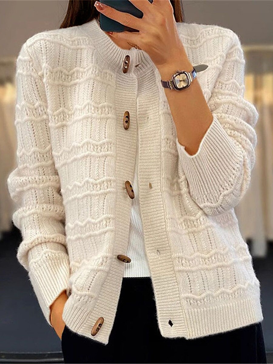 Women's Cardigan Sweater Crew Neck Ribbed Knit Rayon Button Fall Winter Short Daily Going out Weekend Stylish Casual Soft Long Sleeve Solid Color Camel Green Beige One-Size 2023 - US $25.99 –P2