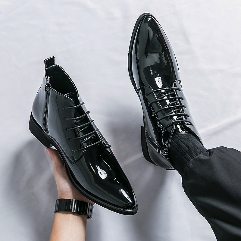 Botas de vestir de charol negro para hombre: elegantes botas con cordones, para uso formal e informal, perfectas para eventos y trabajo. 2025 - $59.99 –P5