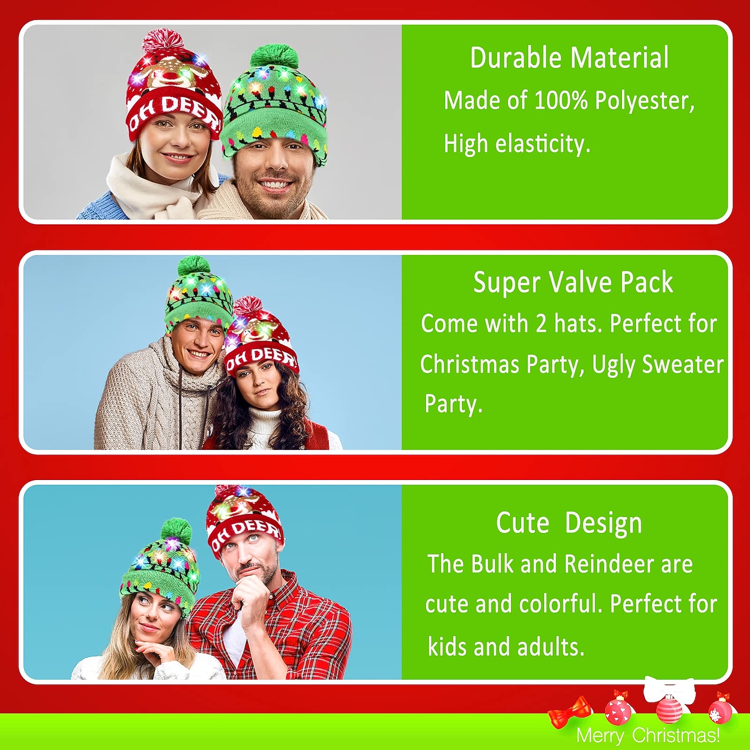 2er-Pack LED-Weihnachtsmütze, leuchtende Weihnachtsmütze, Unisex-Strickmütze, Weihnachtsmütze mit Rentier-Weihnachtsbaum-Aufdruck für Partys 2025 - $17.99 –P5