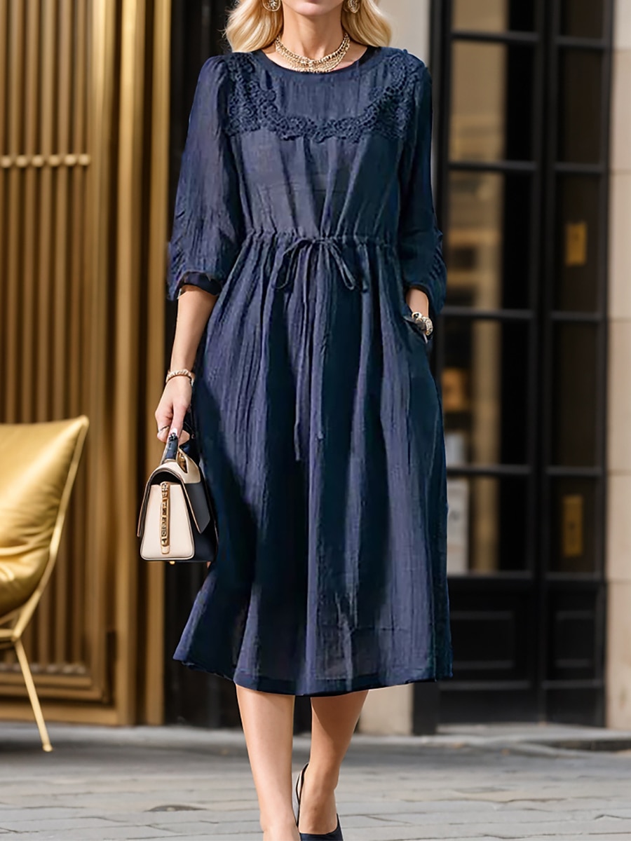 Women's Casual Dress Plain Dress Midi Dress Lace Pocket Outdoor
