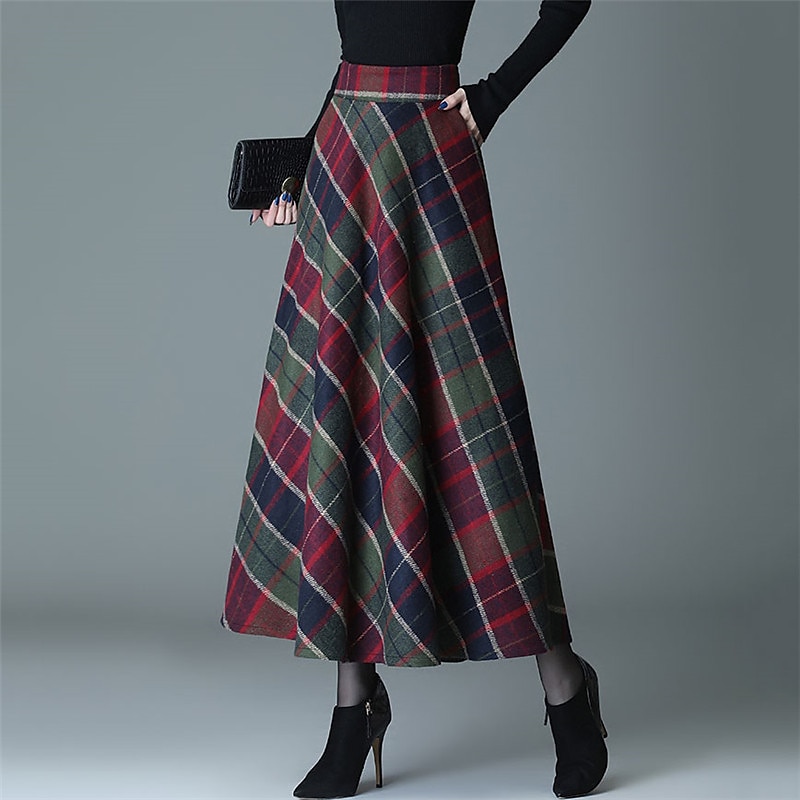 dames a-lijn geruite rok midi-rokken zak lange geruite kleurblok dagelijks datum herfst&winter twilled satijn elegant lang rood blauw groen 2025 - $32.99 –P7
