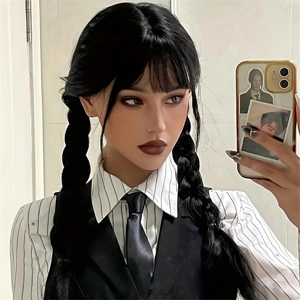 perruque synthétique mercredi droite avec 2 queues de cheval perruque fabriquée à la machine cheveux synthétiques longs noirs femmes doux naturel fête noir perruques d'Halloween de 2025 ? $22.99 –P3