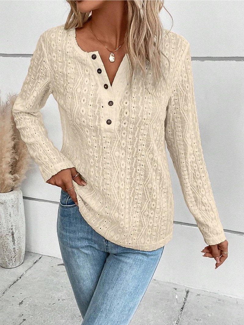 Women's Shirt Lace Shirt Blouse Eyelet top Color Block Plain Fashion Long Sleeve Round Neck Regular Tops Work Buttons Black White Purple Brown Beige Spring & Fall 2025 - $27.99 –P11