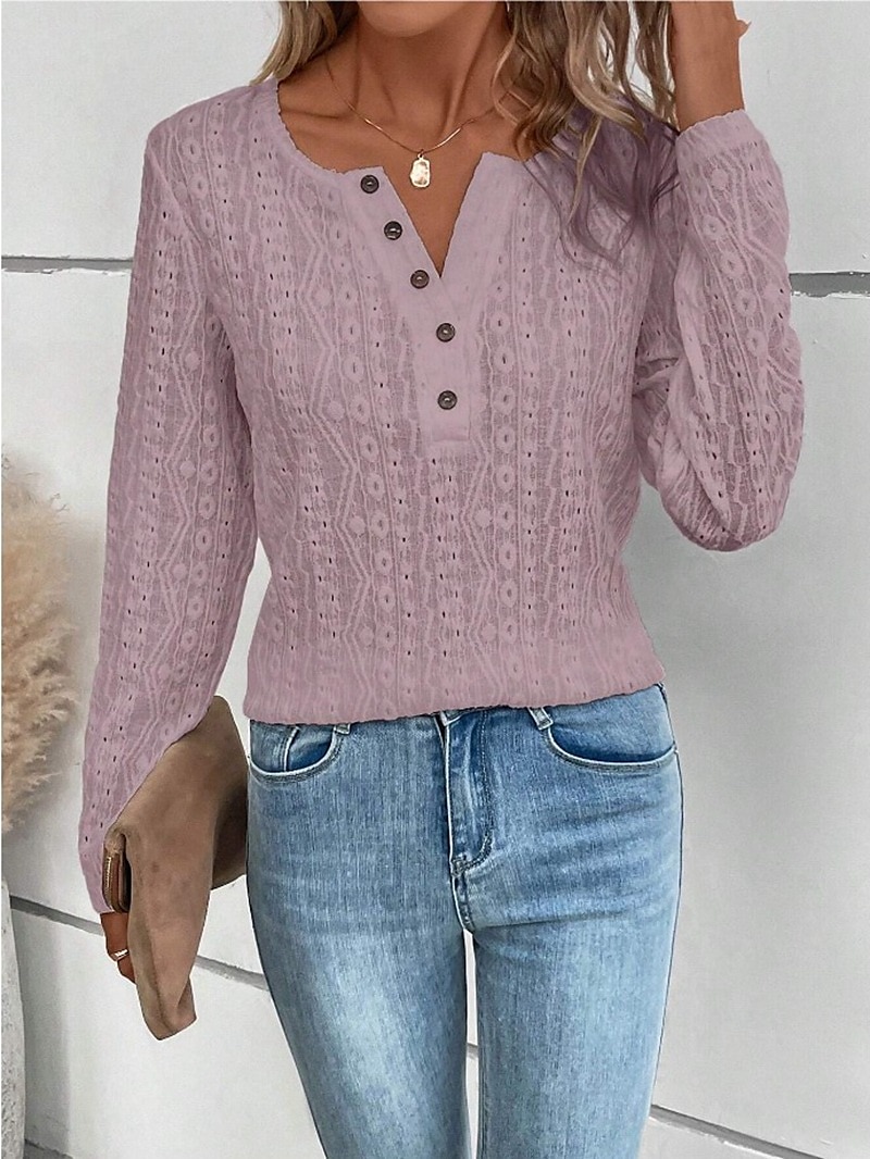 Women's Shirt Lace Shirt Blouse Eyelet top Color Block Plain Fashion Long Sleeve Round Neck Regular Tops Work Buttons Black White Purple Brown Beige Spring & Fall 2025 - $27.99 –P2