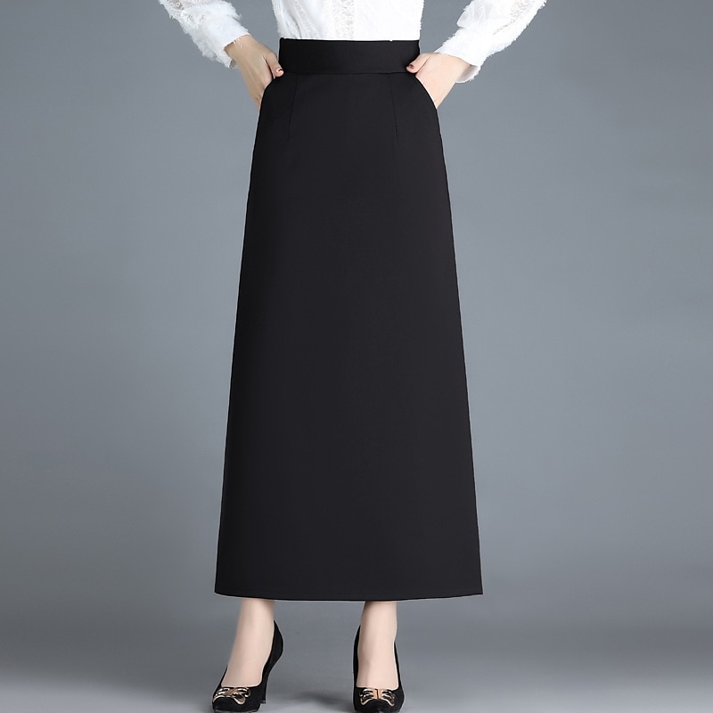 Damskie Spódnica Linia A Elegancja Moda Maxi Wysoka talia Spódnice Solidne kolory Kieszeń Urlop Ulica Czarny Zima Poliester 2025 - $23.99 –P2