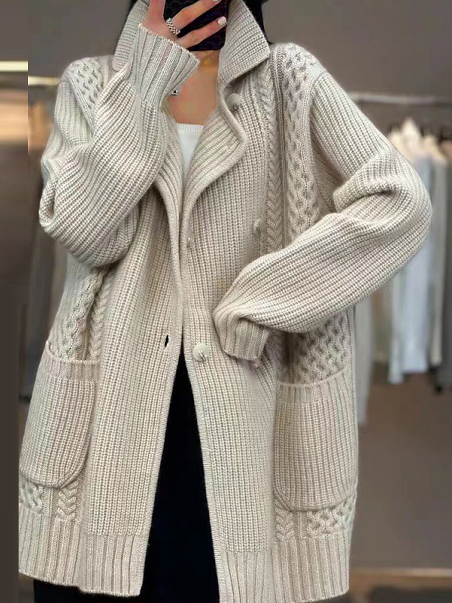 Women's Cardigan Sweater Shirt Collar Ribbed Cable Knit Polyester Lace up Patchwork Button Fall Winter Long Daily Going out Weekend Stylish Casual Soft Long Sleeve Solid Color Camel S M L 2023 - US $35.99 –P3