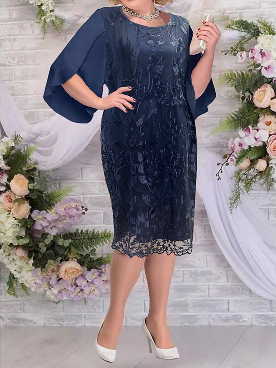 Dam Plusstorlekar Kurva Festklänning Semi formell klänning Blommig Midiklänning Halvlång ärm Spets Broderad Rund hals Elegant Fest Djupblå Höst Vinter L XL XXL 3XL 4XL 2025 - $34.99 –P3