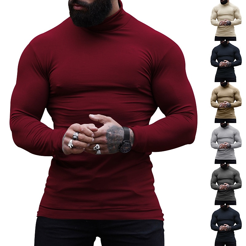 Herren T Shirt T-Shirt Langarmshirt Langarm Rollkragen Frühling & Herbst Einfach Mode Designer Basic Urlaub Straße Ausgehen Wein Aprikose Dunkelgrau Top T-Shirt für Herren 2025 - $23.99 –P1