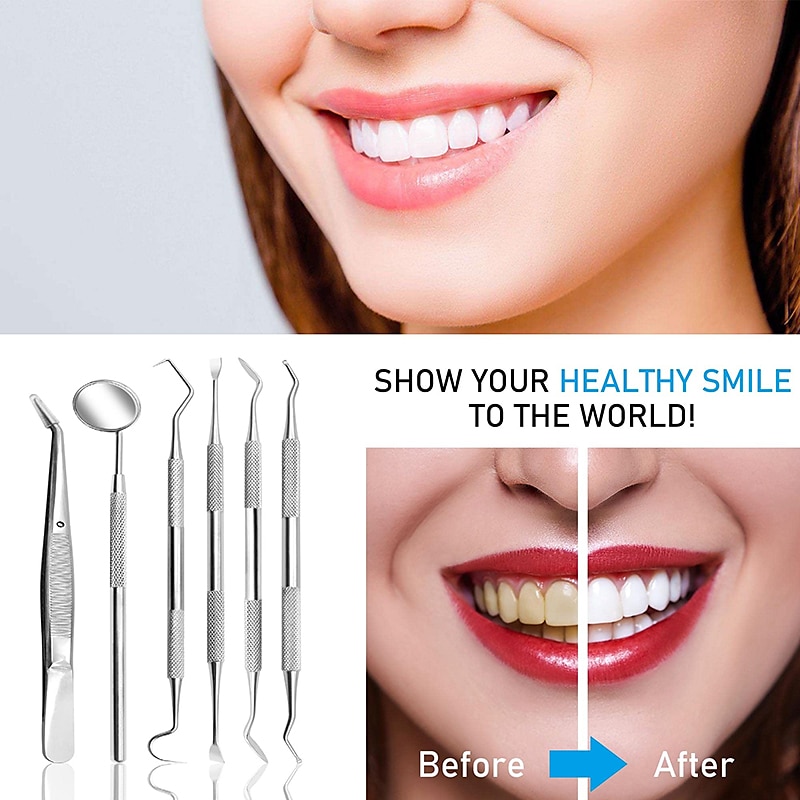2026年 歯科用ツール 6 個 - 歯用プラーク除去剤 - プロフェッショナルな歯科衛生クリーニングキット ピンセット付きステンレススチール口腔ケアセット 6 個 歯石スカラー口ミラー  コレクション – $15.99 –P3
