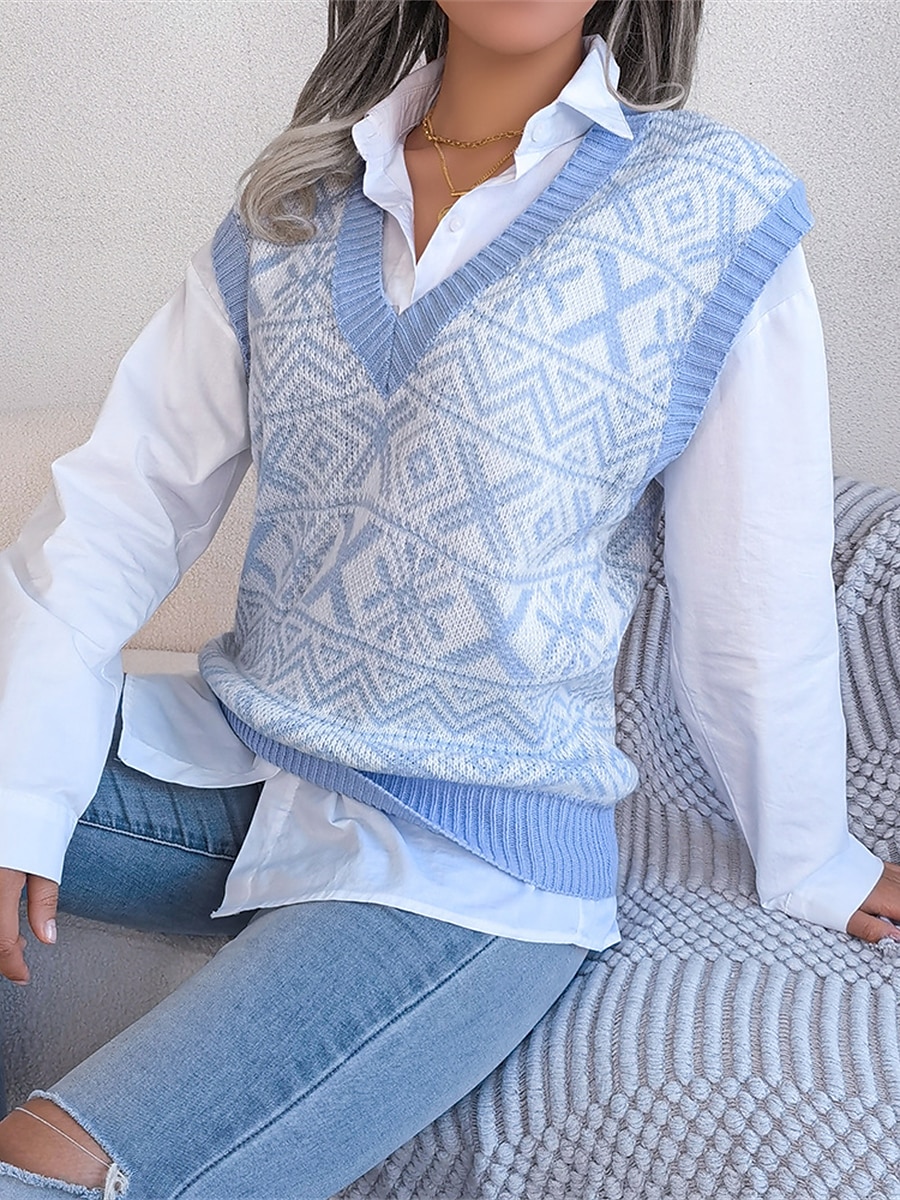 Women's Xmas Sweater Vest V Neck Ribbed Knit Acrylic Button Fall Winter Regular Outdoor Christmas Daily Stylish Casual Soft Sleeveless Snowflake Wine Blue Khaki S M L 2023 - US $27.99 –P11