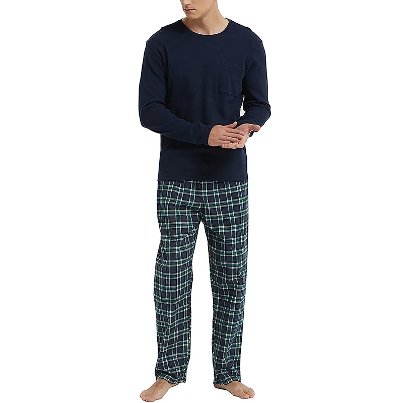 Herr Vardagsklädsel Sovkläder Pyjamas set Pyjamastopp och byxa 2 delar Rutig Stylish Ledigt Komfort Hem Dagligen Bomullsblandning Komfort Rund hals Långärmad T-shirt Byxa Snörning Elastisk midja 2025 - $33.99 –P13