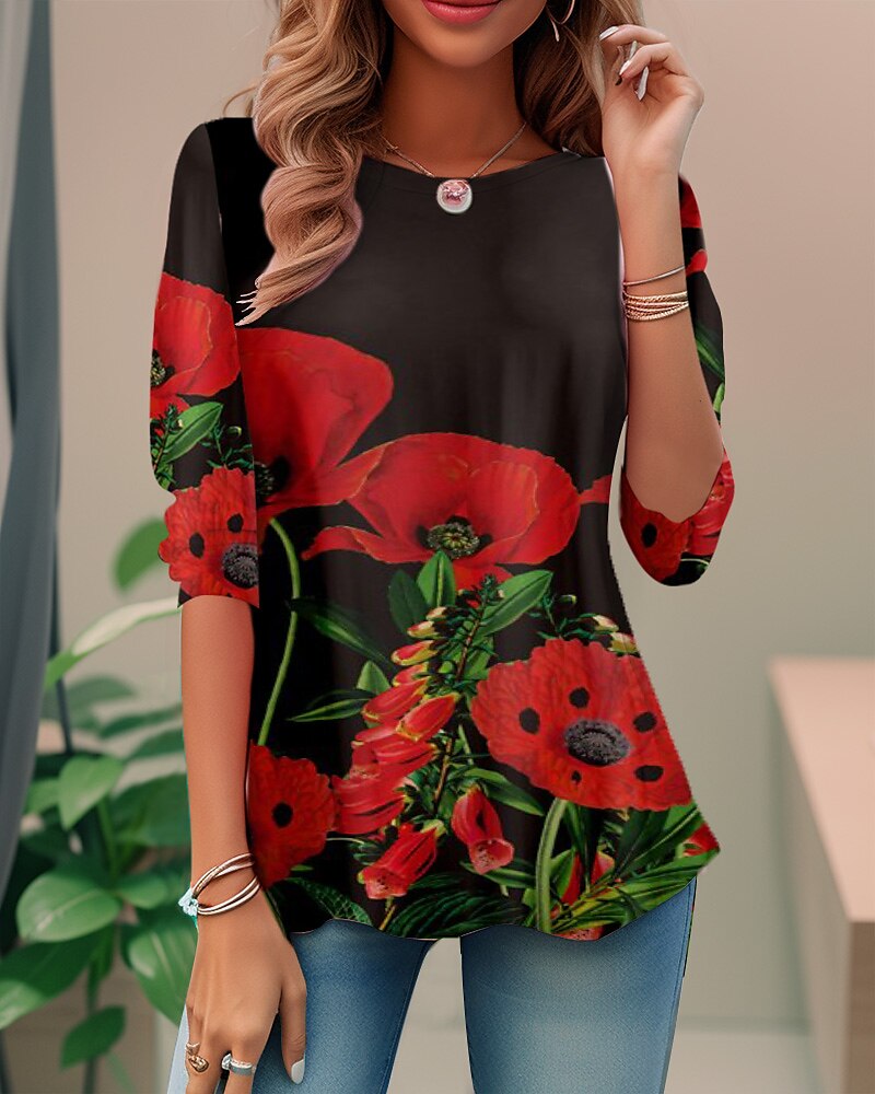 Femme T shirt Tee Floral Noir Rose Claire Rouge Imprimer manche longue Vacances Fin de semaine Mode Col Rond Standard Printemps & Automne de 2025 ? $19.99 –P6