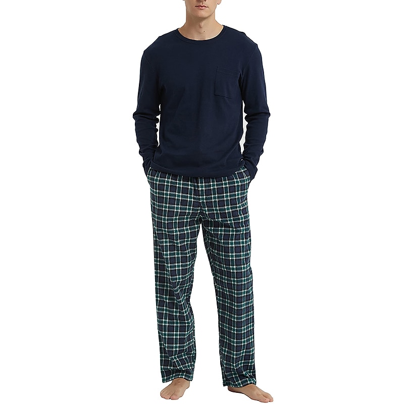 Herr Vardagsklädsel Sovkläder Pyjamas set Pyjamastopp och byxa 2 delar Rutig Stylish Ledigt Komfort Hem Dagligen Bomullsblandning Komfort Rund hals Långärmad T-shirt Byxa Snörning Elastisk midja 2025 - $33.99 –P12