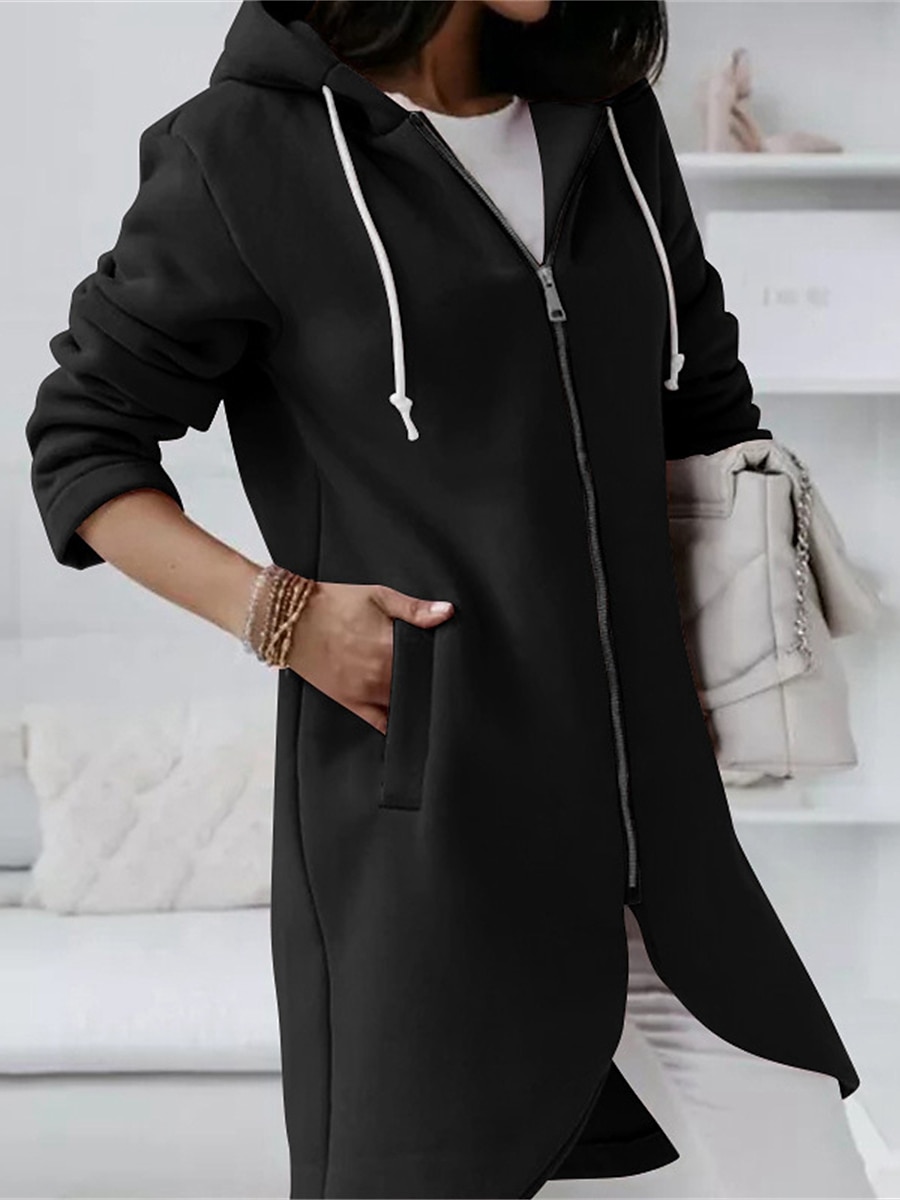 Women's Hoodie Jacket Fall Long Coat Windproof Warm Overcoat with Pocket Zipper Sport Drawstring Casual Minimalism Outerwear Long Sleeve Fall Winter Black Pink Red 2023 - US $23.99 –P10