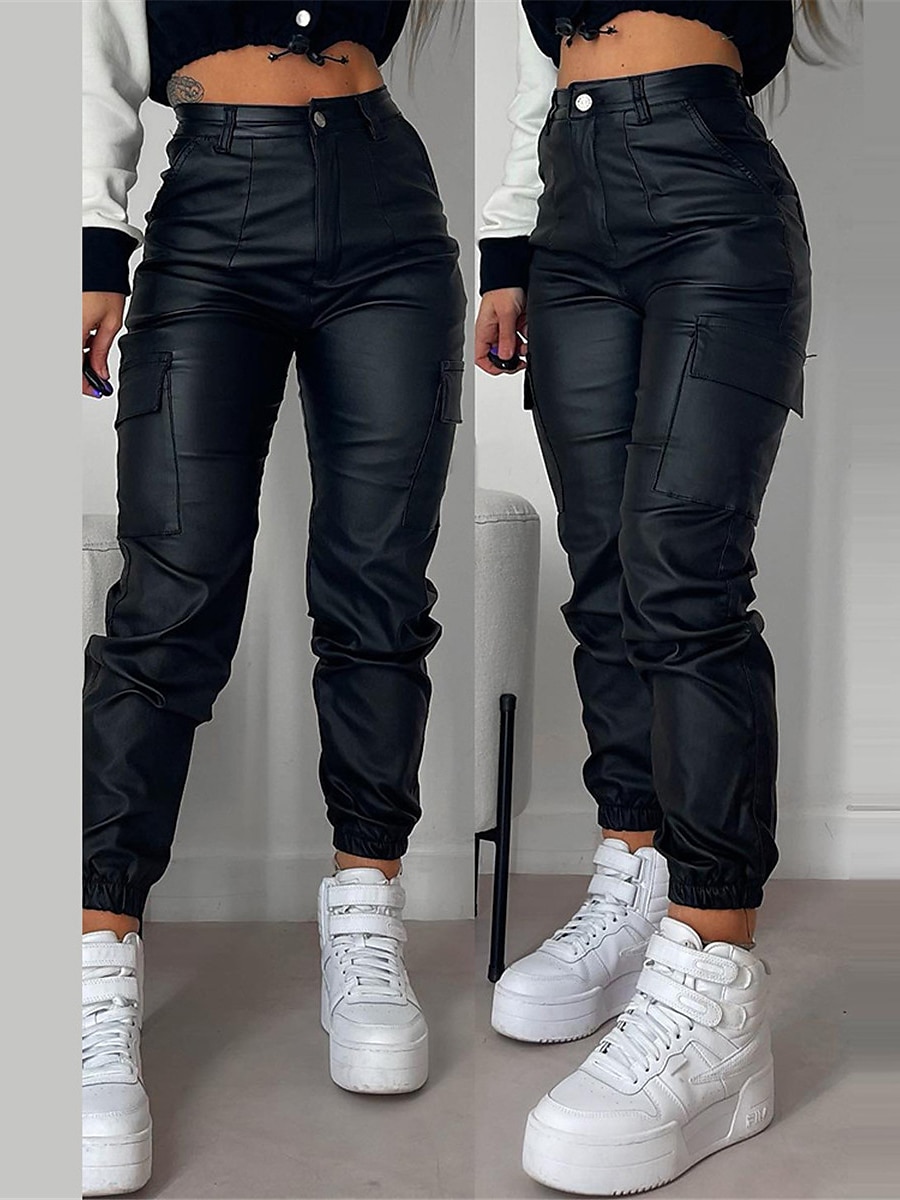 Women's Cargo Pants Maillard Slim Trousers Full Length PU Micro-elastic High Waist Fashion Streetwear Street Daily Black Red S M Fall Winter 2023 - US $44.99 –P2