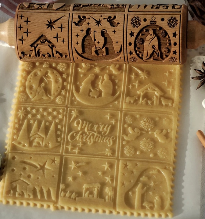 Weihnachts-Nudelholz, Krippenprägemuster, Weihnachts-Holzkrippe mit 3D-Gravur und Jesusmotiv zum Plätzchenbacken 2025 - $11.99 –P3