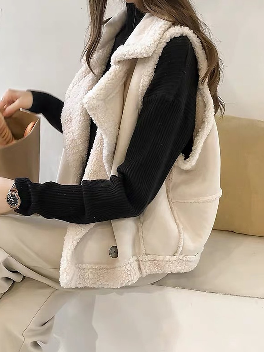 Women's Suede Vest Shearling Vest Fleece Lined Teddy Gilet Sleeveless Sherpa Jacket Winter Coat Fall Warm Windproof Lapel Coat Casual Street Plain  Khaki Beige Gray 2023 - US $31.99 –P5