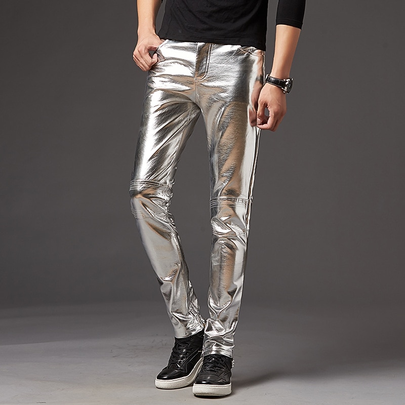 Męskie Rurki Spodnie Spodnie ze sztucznej skóry Spodnie codzienne Niejednolita całość Kieszeń Jednokolorowe Komfort Lekki Impreza Kij Streetwear Moda miejska Elegancki Czarny Złota 2026 - $26.99 –P1