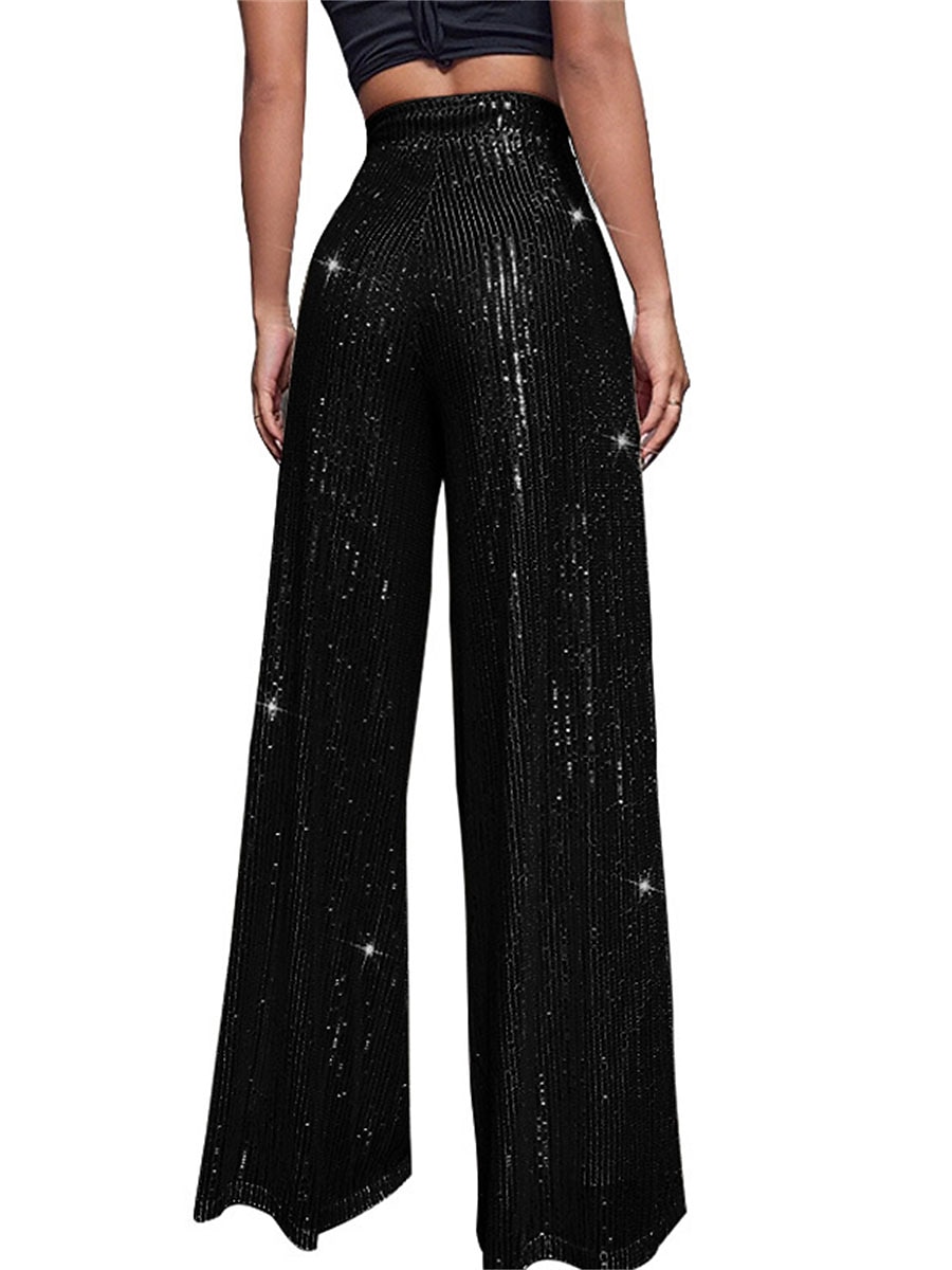 Women's Wide Leg Pants Trousers Sparkly Pants Elegant Fashion Sparkle Full Length High Waist Plain Sequins Comfy Micro-elastic Club Party Street Blue claret M beige Pink gold Summer Spring Regular Fit 2026 - $17.99 –P2