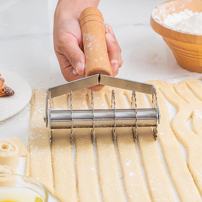 Stainless Steel Six-wheel Cookie And Noodle Cutter With Wavy Wood