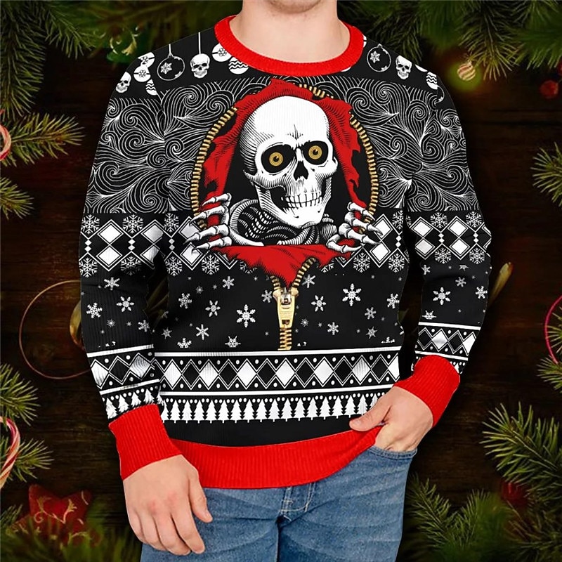2025年 醜いクリスマスセーター メンズ 面白いセーター スカル 文字 スノーフレーク ゴシック プリント 編み物 プルオーバー ジャンパー ニットウェア 大晦日セーター アウトドア 日常 休暇 長袖 ワイン ブラック レッド 秋 冬  コレクション – $38.99 –P7