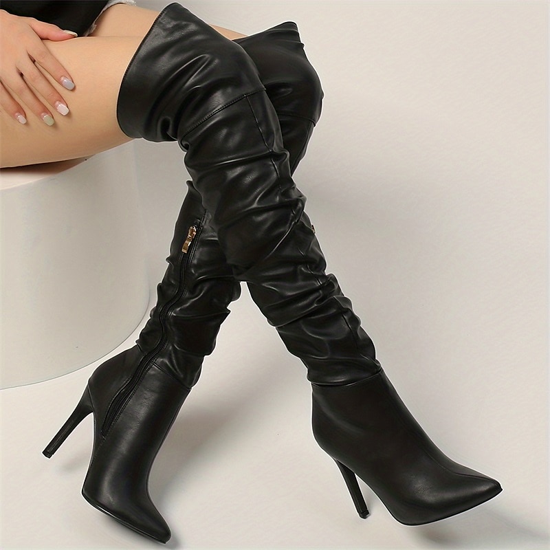 Women's Boots Slouchy Boots Heel Boots Outdoor Work Daily Solid Color Over The Knee Boots Thigh High Boots Winter Stiletto Heel Pointed Toe Elegant Fashion Classic PU Zipper Black White 2023 - AED 279 –P5