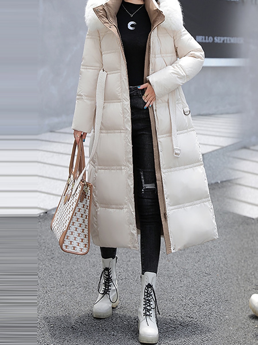 Women's Winter Coat Long Puffer Jacket Warm Parka with Removable Faux Fur Collar Windproof Jacket with Belt Zipper Heated Hoodie Jacket Outerwear Long Sleeve 2024 - $61.99 –P3