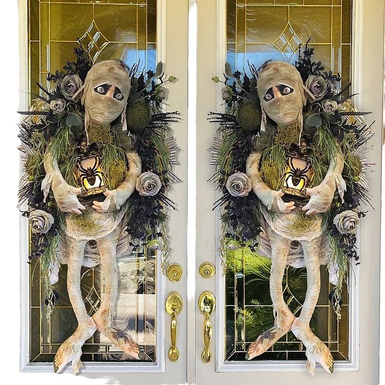 Halloween aterrador momia corona de bienvenida signo momia halloween puerta redonda placa colgante para halloween acción de gracias navidad decoración del hogar corona de bienvenida de halloween 2025 - $51.99 –P5