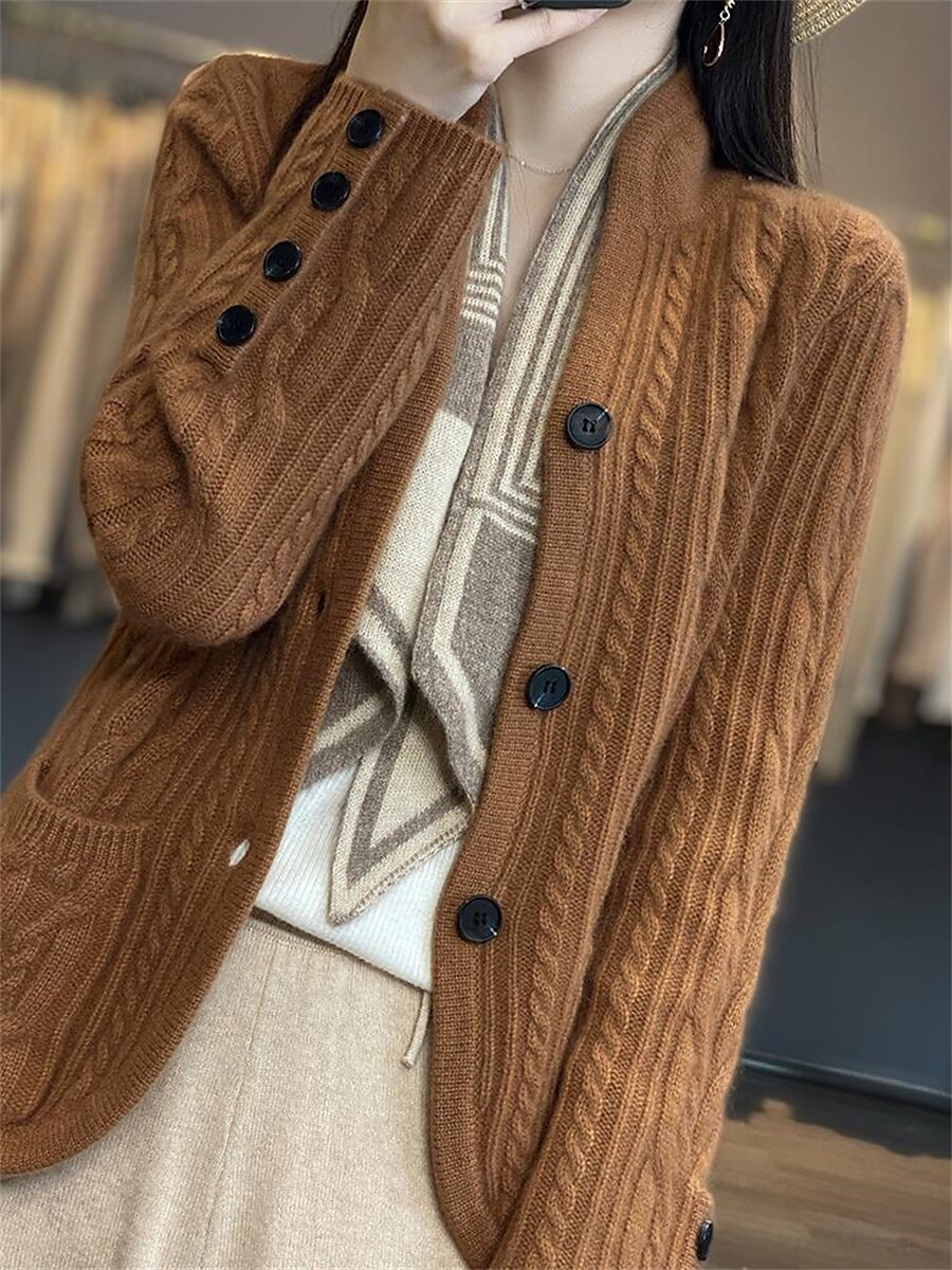 Women's Cardigan Sweater Stand Collar Cable Knit Rayon Button Pocket Fall Winter Outdoor Daily Going out Stylish Casual Soft Long Sleeve Solid Color White Brown Beige S M L 2023 - US $35.99 –P9