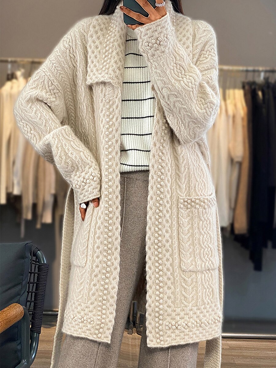 Women's Cardigan Sweater Jumper Cable Knit Long Lace up Button Solid Color Shirt Collar Stylish Casual Outdoor Holiday Fall Winter Beige S M L 2023 - US $45.99 –P3