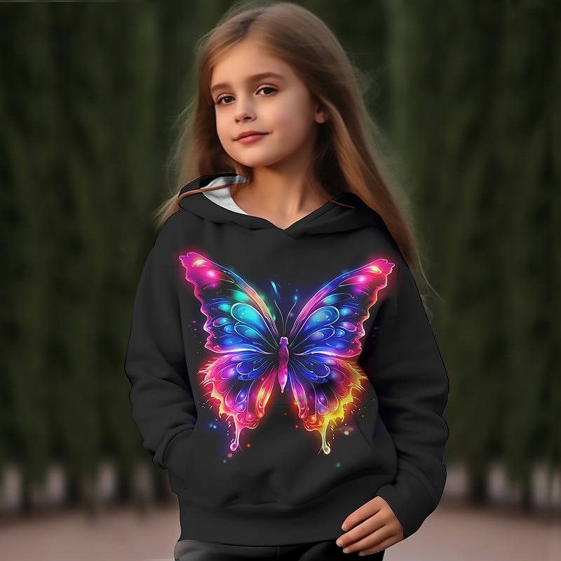 Flickor 3D Fjäril Huvtröja Pullover Långärmad 3D-tryck Höst Vinter Aktiv Mode söt stil Barn 3-12 år Utomhus Ledigt Dagligen Normal 2025 - $18.99 –P3
