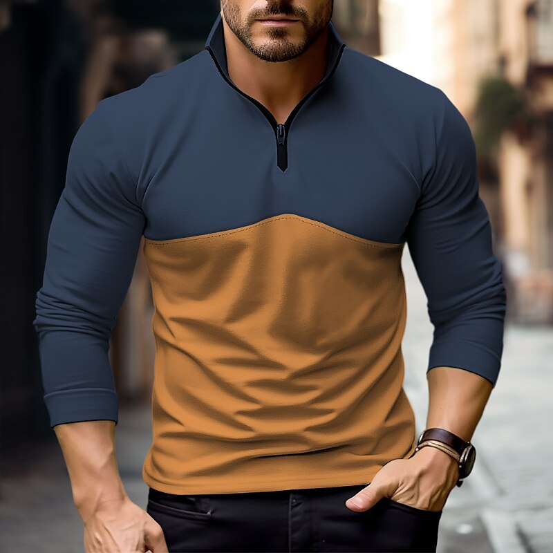 Herren T Shirt Halb-Zip-Shirt T-Shirt Langarmshirt Langarm Viertelreißverschluss Frühling & Herbst Farbblock Mode Designer Basic Patchwork Urlaub Straße Ausgehen Gelb Orange Braun Top T-Shirt für 2025 - $21.99 –P3