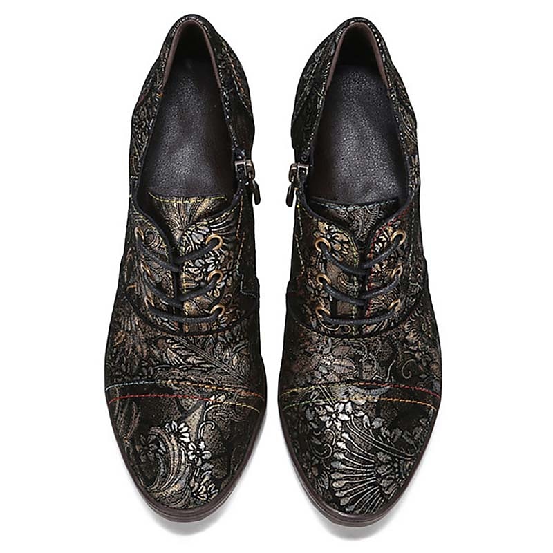 Edward-korabeli ihletésű vintage jacquard fűzős bőr bokacsizma vastag sarokkal, retró virágmintás rövid csizma nőknek 2025 - $109.99 –P14