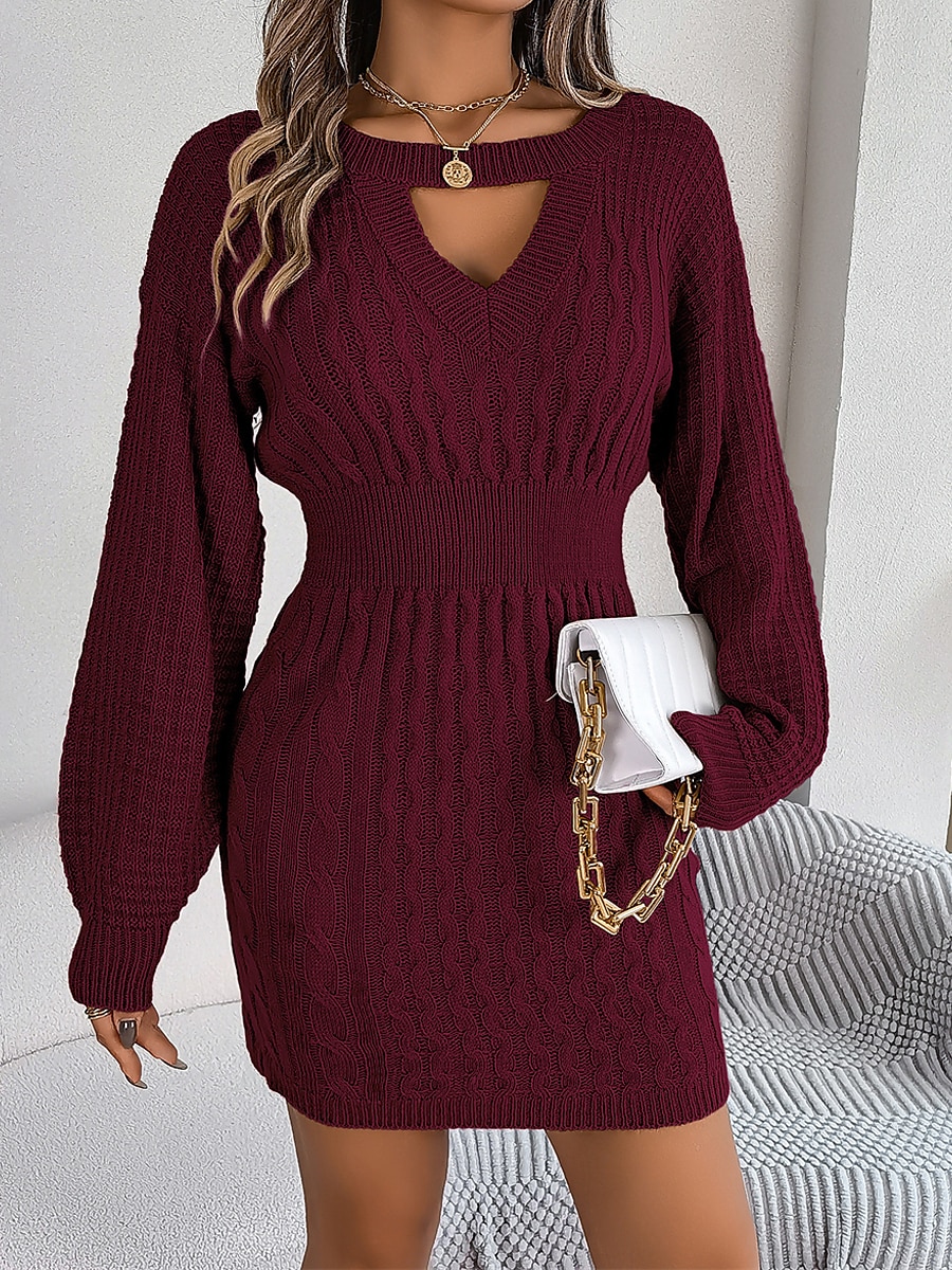 Women's Sweater Dress Jumper Dress Casual Dress Mini Dress Fashion Pure Color Outdoor Daily Going out Crew Neck Long Sleeve Cut Out 2023 Loose Fit Wine khaki Gray S M L 2023 - US $31.99 –P11