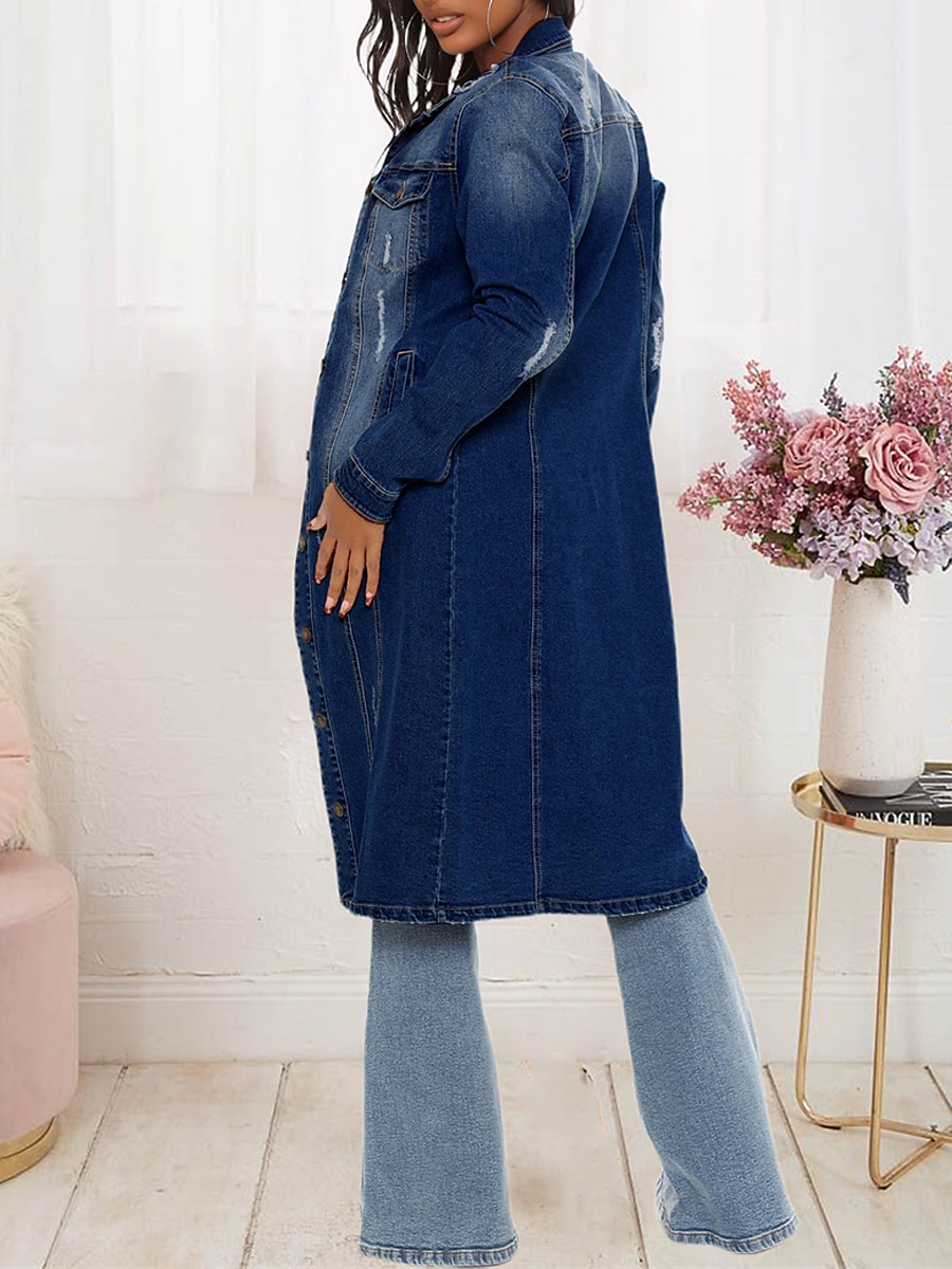 Women's Denim Jacket Jean Jacket Long Trench Coat Windproof with Pockets Vintage Style Casual Daily Street Style Jacket Long Sleeve Solid Color 2024 - $59.99 –P3