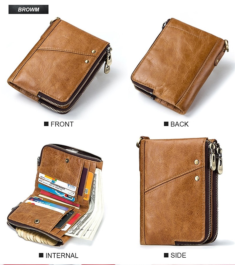 Anti-theft Brush RFID Leather Men's Wallet Multi-function Double zipper Vertical Wallet Top layer leather fashion casual change bag 2026 - $25.99 –P18