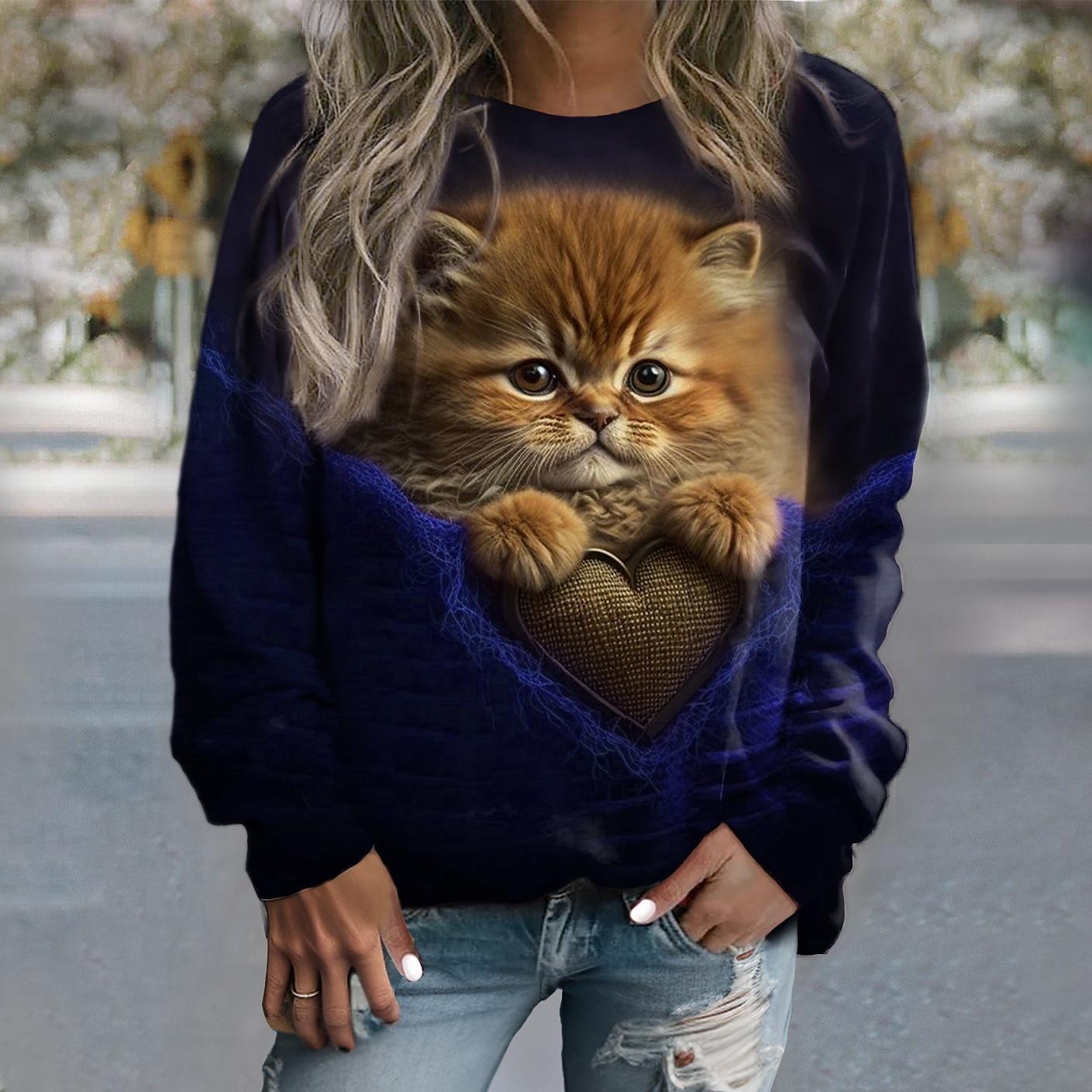 Sudadera de mujer con estampado de gato, informal, deportiva, activa, cuello redondo, manga larga, top microelástico, caída&Tejido suave, transpirable y cómodo para el invierno. 2025 - $27.99 –P2