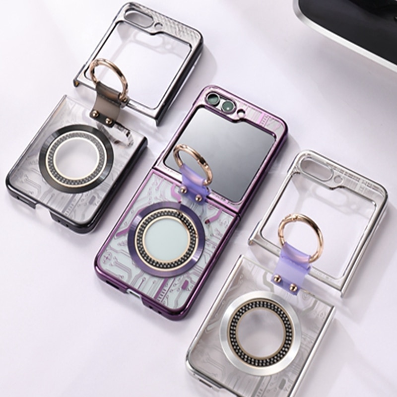 Phone Case For Z Flip 6 Z Flip 5 Back Cover Magnetic Adsorption With Magsafe with Stand Holder Ring Holder Full Body Protective Retro TPU Plating Metal 2025 - $21.99 –P1