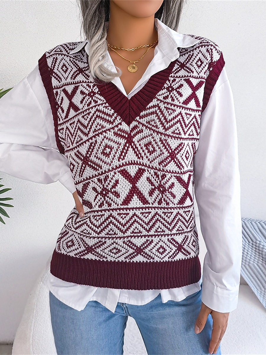 Women's Xmas Sweater Vest V Neck Ribbed Knit Acrylic Button Fall Winter Regular Outdoor Christmas Daily Stylish Casual Soft Sleeveless Snowflake Wine Blue Khaki S M L 2023 - US $27.99 –P2