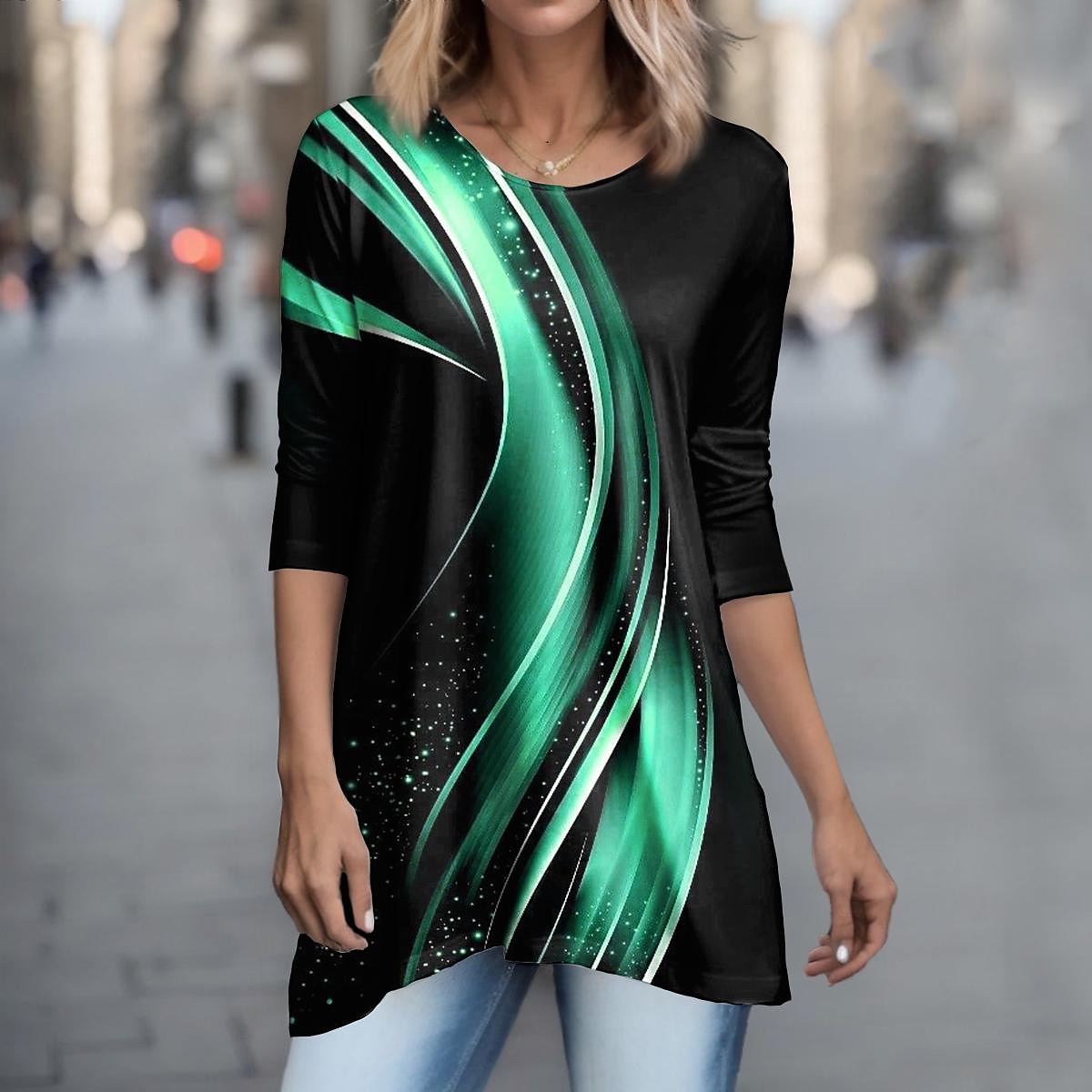 T-shirt Tunique Femme Géométrique Basic Manches Longues Col Rond Longs Hauts Quotidien Week-end Imprimé Tunique Fluide Rose Bleu Violet Vert Gris Printemps  Automne de 2025 ? $29.99 –P3