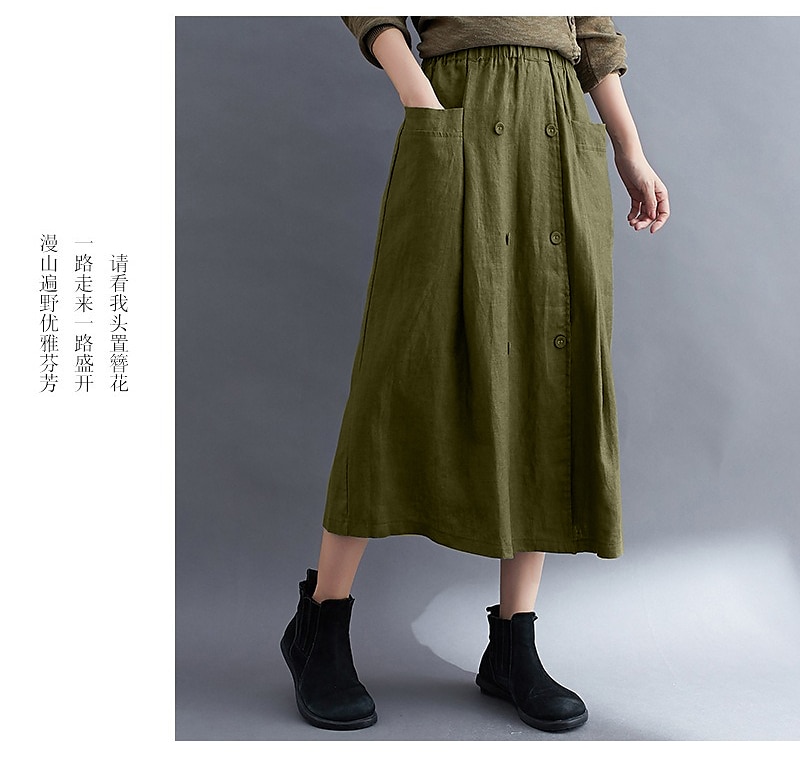 Women's Skirt A Line Long Skirt Linen Skirts coastal grandma style Basic Casual Long Midi Skirts Solid Colored Pocket Split Ends Street Daily Black Brown Green Apricot Spring & Summer Cotton Linen 2025 - $21.99 –P2