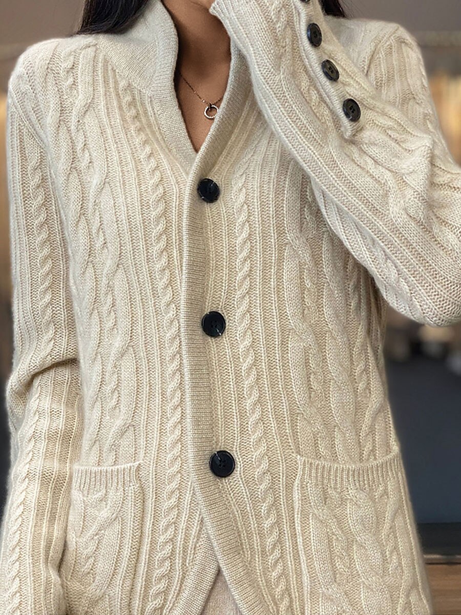 Women's Cardigan Sweater V Neck Cable Knit Polyester Button Pocket Fall Winter Short Daily Going out Weekend Stylish Casual Soft Long Sleeve Solid Color White Camel Brown S M L 2023 - US $28.99 –P3