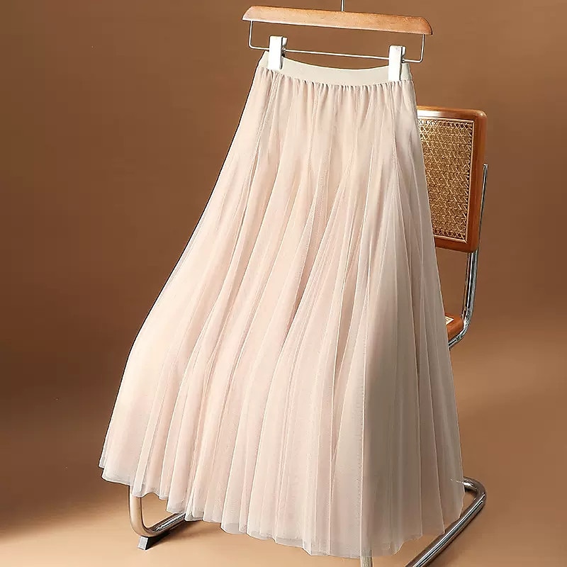 jupe femme jupe midi évasée froncée superposée couleur unie rendez-vous quotidien printemps, automne, hiver, été élégante longue abricot noir blanc rose de 2025 ? $31.99 –P9