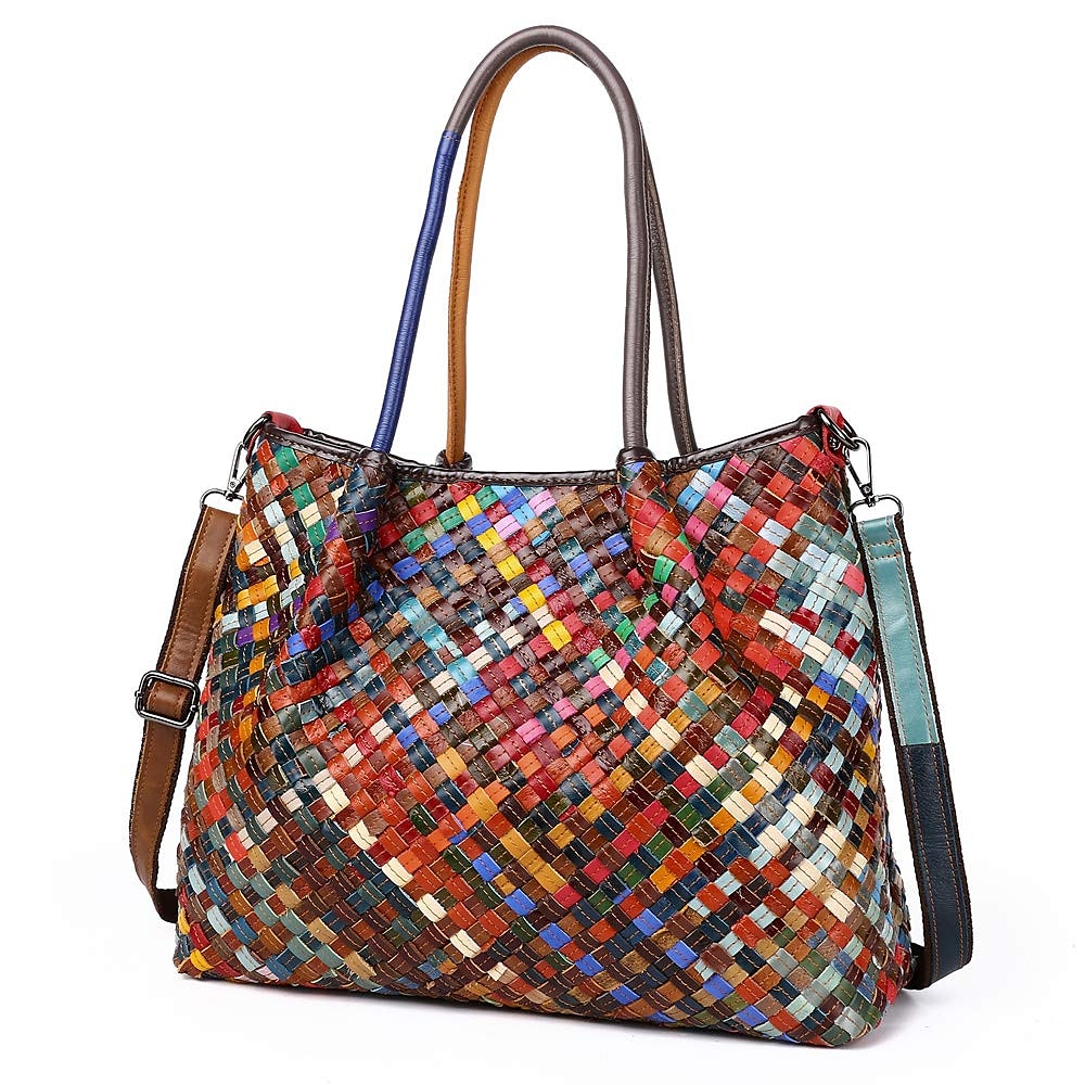 bolsa tote feminina de couro trançado multicolorido com alças duplas e estilo boho patchwork, bolsa de ombro grande para viagens, eventos de arte e uso diário casual de 2026 por $99.99 –P2
