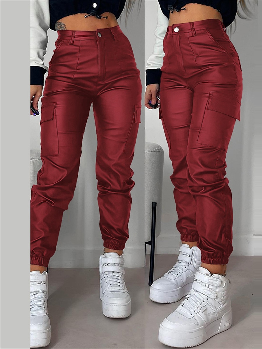Women's Cargo Pants Maillard Slim Trousers Full Length PU Micro-elastic High Waist Fashion Streetwear Street Daily Black Red S M Fall Winter 2023 - US $44.99 –P4
