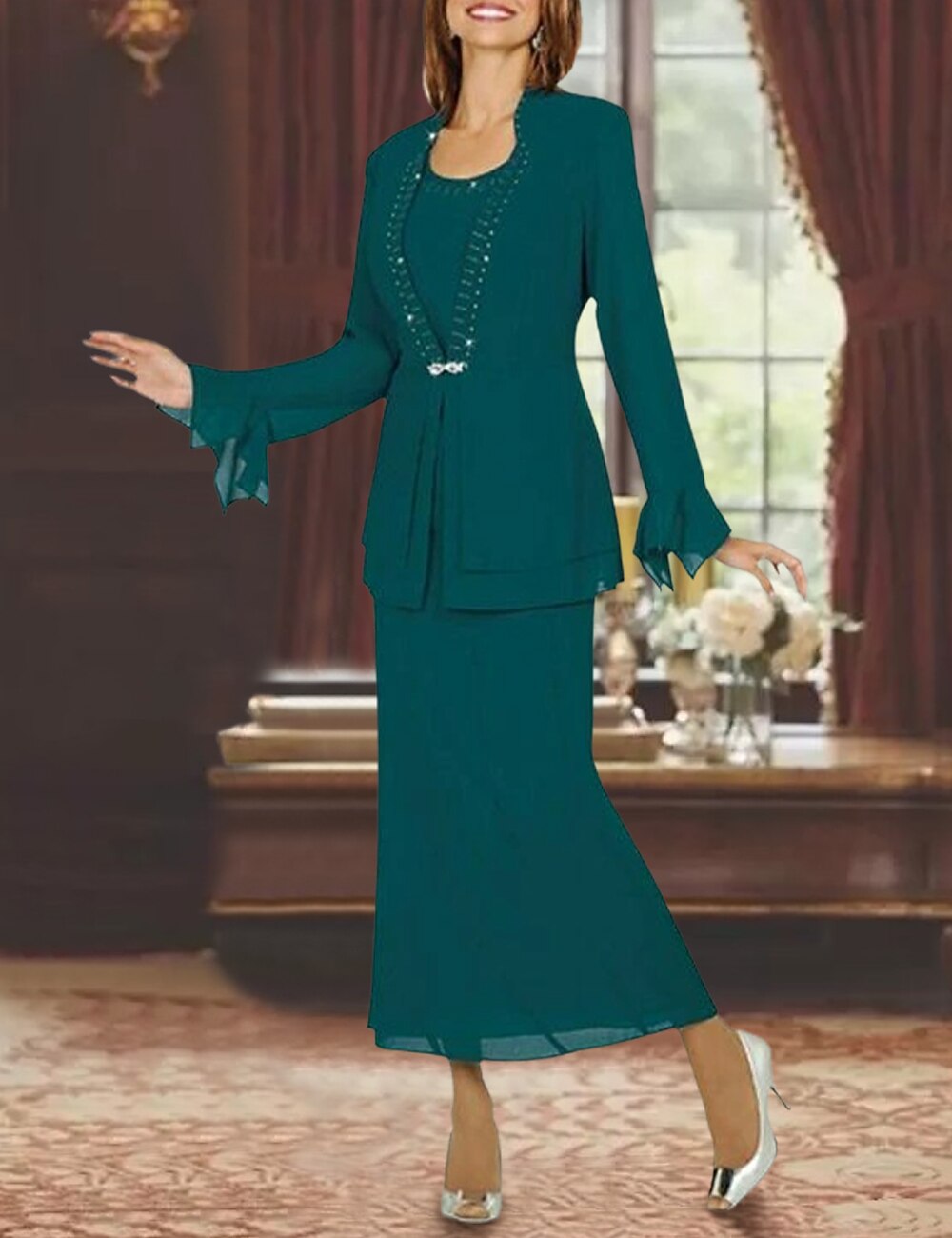 Two Piece Sheath Mother of the Bride Dress Formal Wedding Guest Elegant Jewel Neck Ankle Length Chiffon Long Sleeve Jacket Dresses with Crystal Brooch free custom size 2026 - $171.99 Two Piece Sheath Mother of the Bride Dress Formal Wedding Guest Elegant Jewel Neck Ankle Length Chiffon Long Sleeve Jacket Dresses with Crystal Brooch free custom size 2026 - $171.99