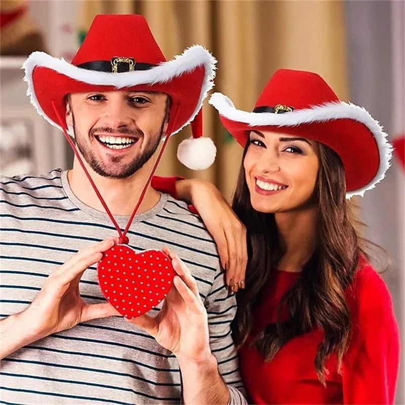 Red Santa Hat For Christmas Cowboy Hat For Women Men LED Light Up