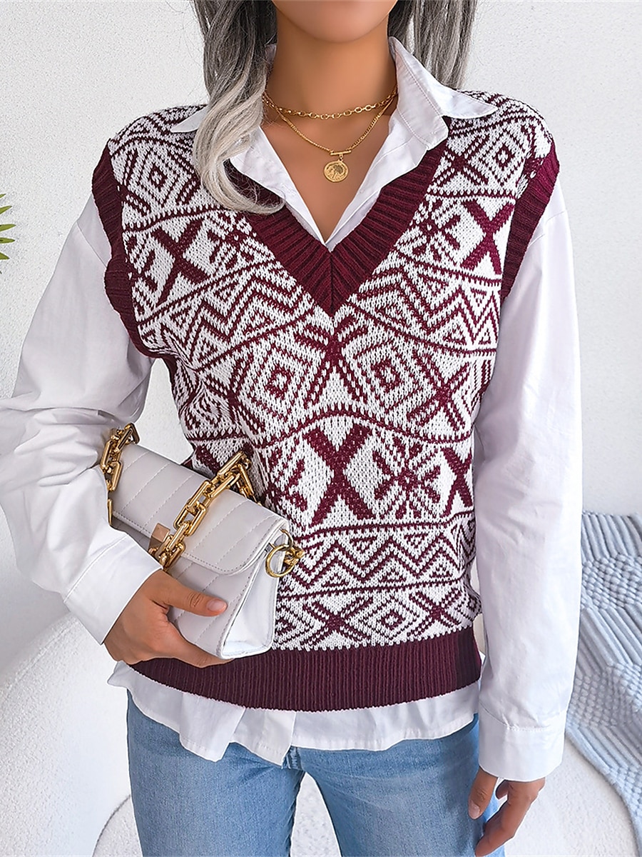 Women's Xmas Sweater Vest V Neck Ribbed Knit Acrylic Button Fall Winter Regular Outdoor Christmas Daily Stylish Casual Soft Sleeveless Snowflake Wine Blue Khaki S M L 2023 - US $27.99 –P4